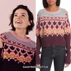 CINQ a SEPT Gianni Fair Isle Sweater Burgundy Wool Sequins Geometric small NEW